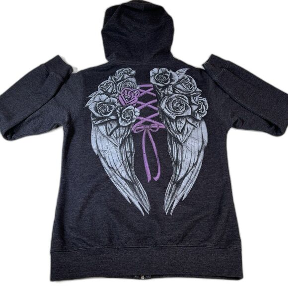 Metal Mulisha Wings Zip Front Hoodie Size Medium Roses Wings Y2K Goth Emo Grunge - Picture 1 of 7